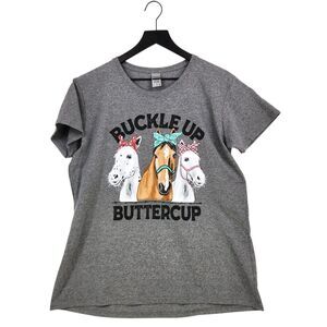 Gildan Heavy Cotton T-Shirt Buckle Up Butter Cup XL Horses Equestrian Ranch Farm